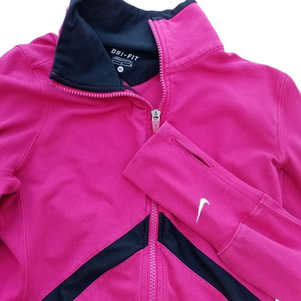 Nike Dry Fit Full Zip Running Jacket Fitness Hot Pink Black Mesh Stripe Size M - Picture 2 of 10
